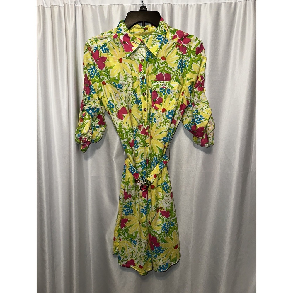 Lilly Pulitzer Dress Size Large Floral Yellow Bright Button Collar Rolled Sleeve